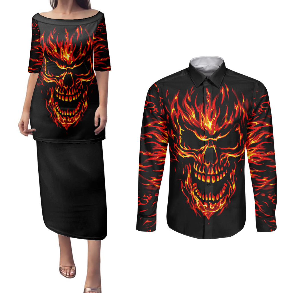 Flame Skull Couples Matching Puletasi Dress and Long Sleeve Button Shirts SKull Face Inside Me - Wonder Print Shop