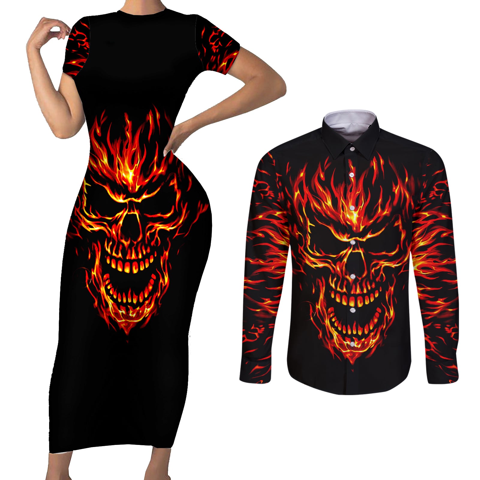 Flame Skull Couples Matching Short Sleeve Bodycon Dress and Long Sleeve Button Shirts SKull Face Inside Me - Wonder Print Shop