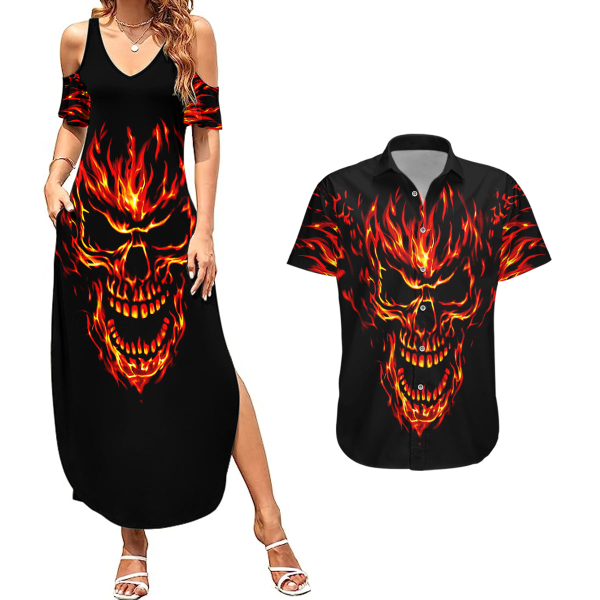 Flame Skull Couples Matching Summer Maxi Dress and Hawaiian Shirt SKull Face Inside Me - Wonder Print Shop