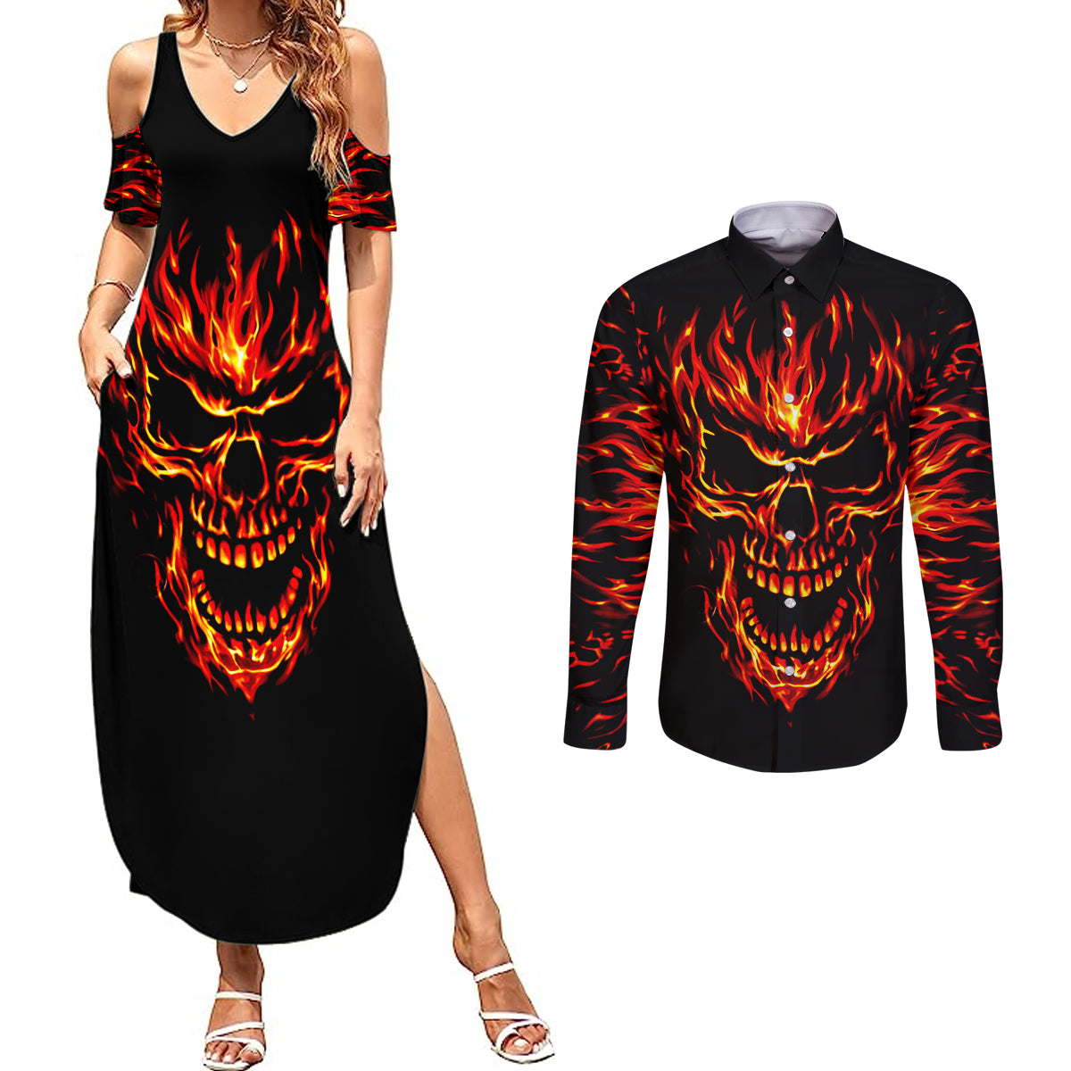 Flame Skull Couples Matching Summer Maxi Dress and Long Sleeve Button Shirts SKull Face Inside Me - Wonder Print Shop