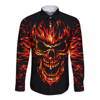 Black long-sleeve button shirt with flame skull face graphic, front view