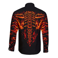 Black long-sleeve button shirt with flame skull graphic, back view
