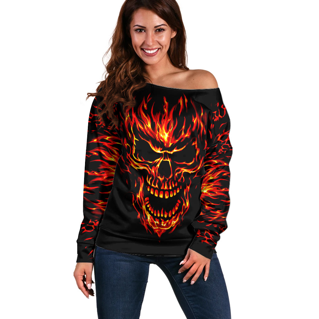 Flame Skull Off Shoulder Sweater SKull Face Inside Me - Wonder Print Shop