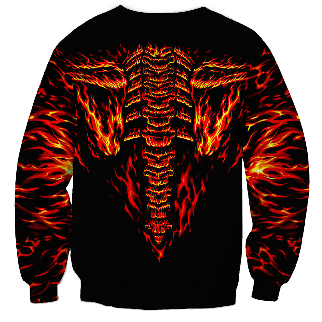 Black unisex sweatshirt with flame pattern and back skull ribcage design, long sleeves