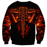 Black unisex sweatshirt with flame pattern and back skull ribcage design, long sleeves