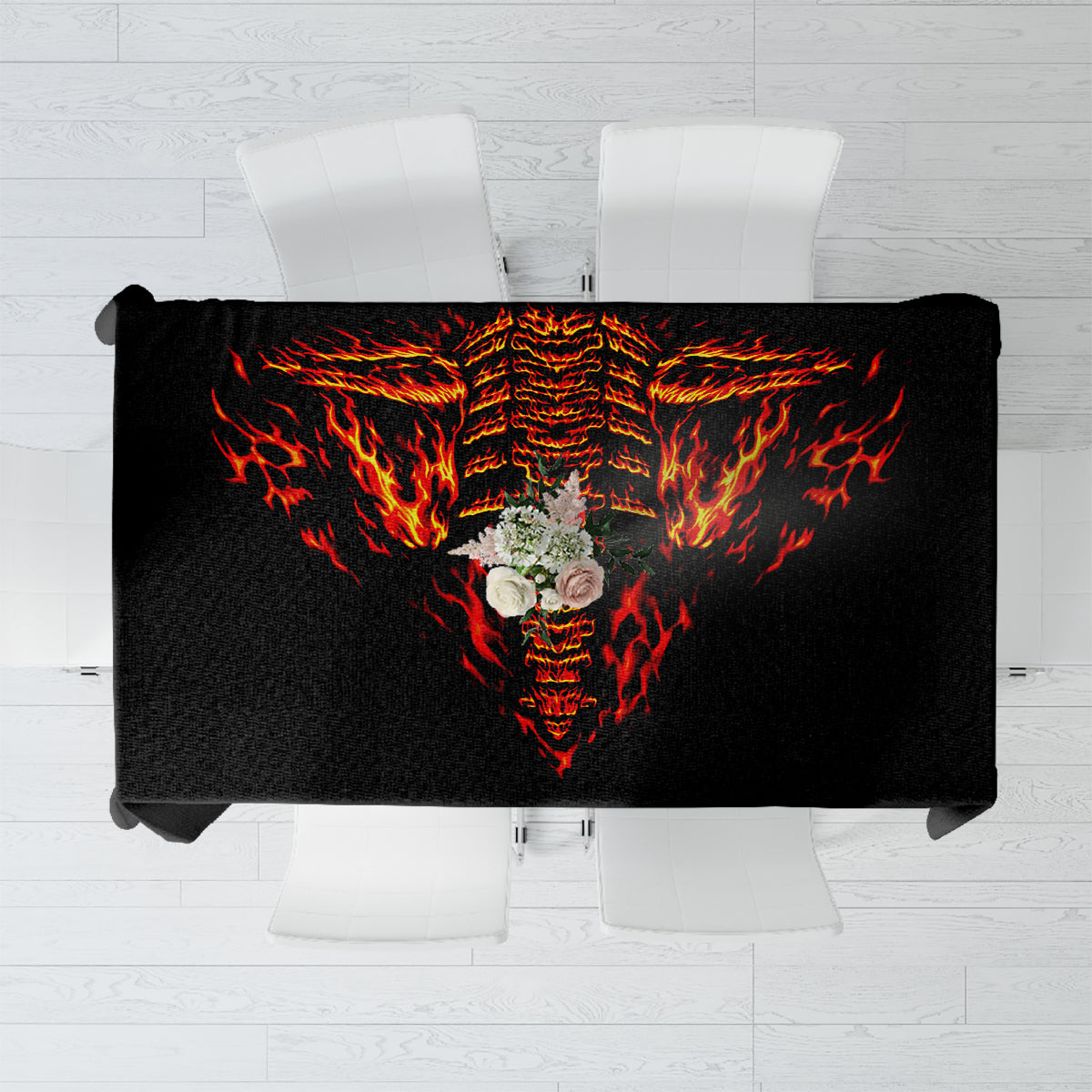 Black tablecloth with centered flame skull graphic