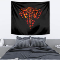 Black skull flame tapestry wall hanging with fiery red/orange central skull