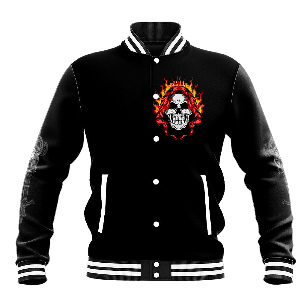 Black baseball jacket with ribbed striped collar and front flaming skull graphic, button-up