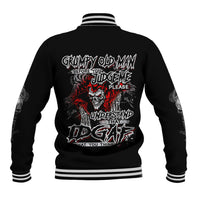 Black baseball jacket with ribbed striped collar and large back skull graphic with stylized text