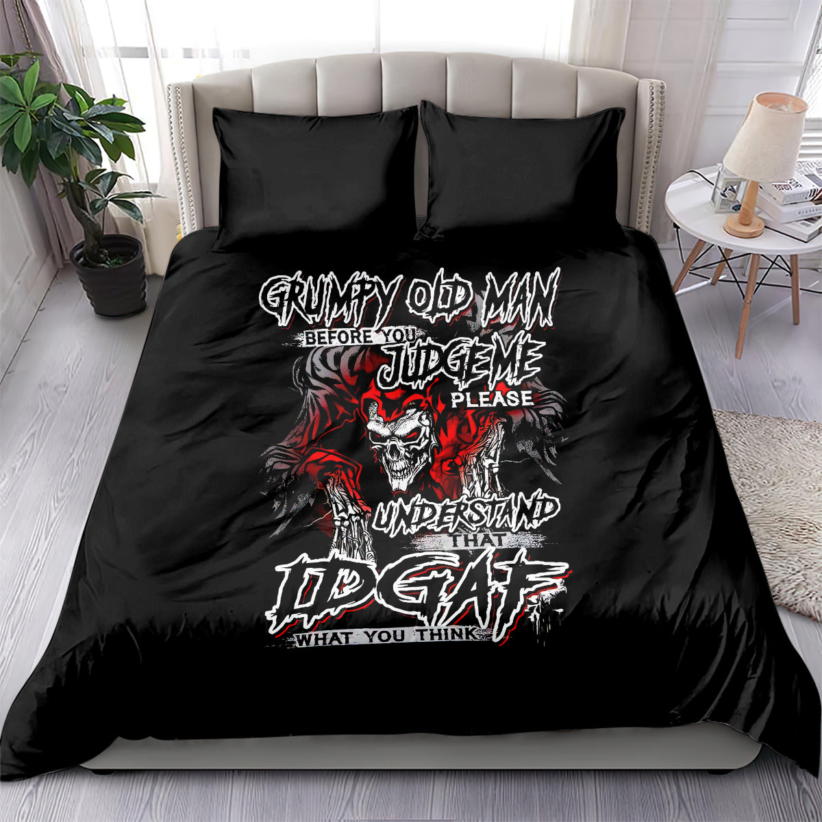 Black duvet cover and pillowcases with skull graphic and red flames, text design