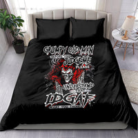 Black duvet cover and pillowcases with skull graphic and red flames, text design