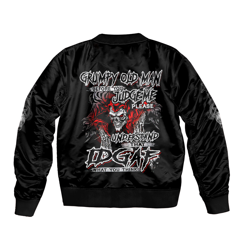 Black bomber jacket with ribbed collar and back skull graphic with bold lettering