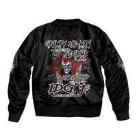 Black bomber jacket with ribbed collar and back skull graphic with bold lettering