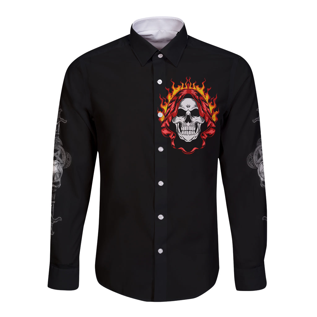 Black long-sleeve button shirt with front flaming skull graphic
