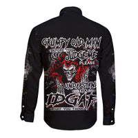 Black long-sleeve button shirt with large back skull graphic, red and white