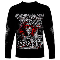Unisex black long-sleeve T-shirt with red skull front graphic and slogan text