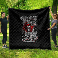 Black quilt with diamond stitching and red/white skull graphic, decorative slogan print