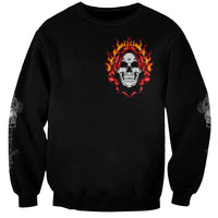Black unisex sweatshirt with small flaming skull emblem on chest