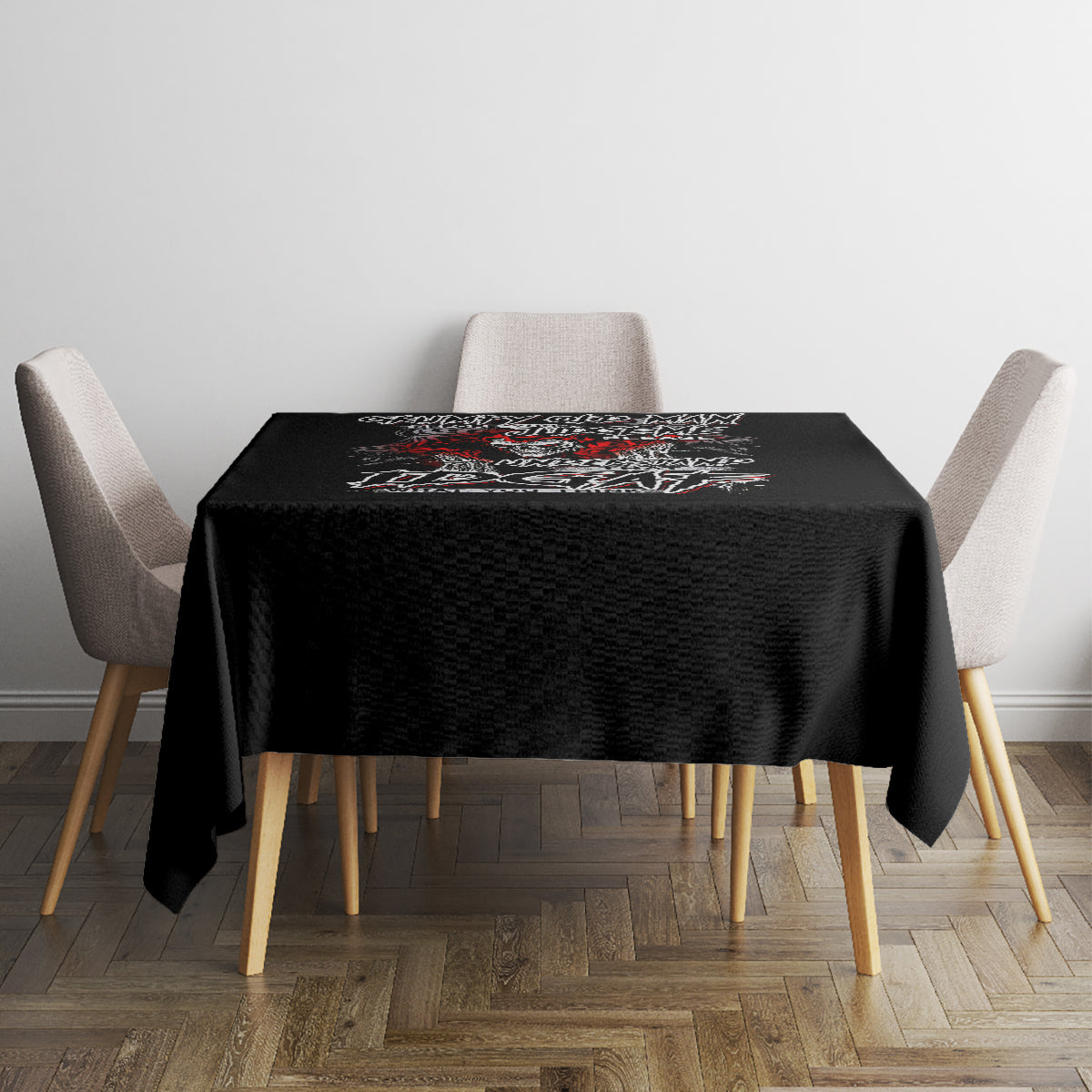 Black skull graphic tablecloth on a square dining table with chair set
