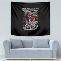 Black tapestry with skull illustration and bold graffiti lettering