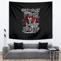 Black tapestry with skull graphic and graffiti text, stretched flat