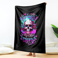 Black skull graphic blanket hanging display, colorful “Hello Darkness My Old Friend” text