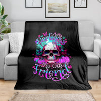 Black skull graphic blanket with colorful “Hello Darkness My Old Friend” text