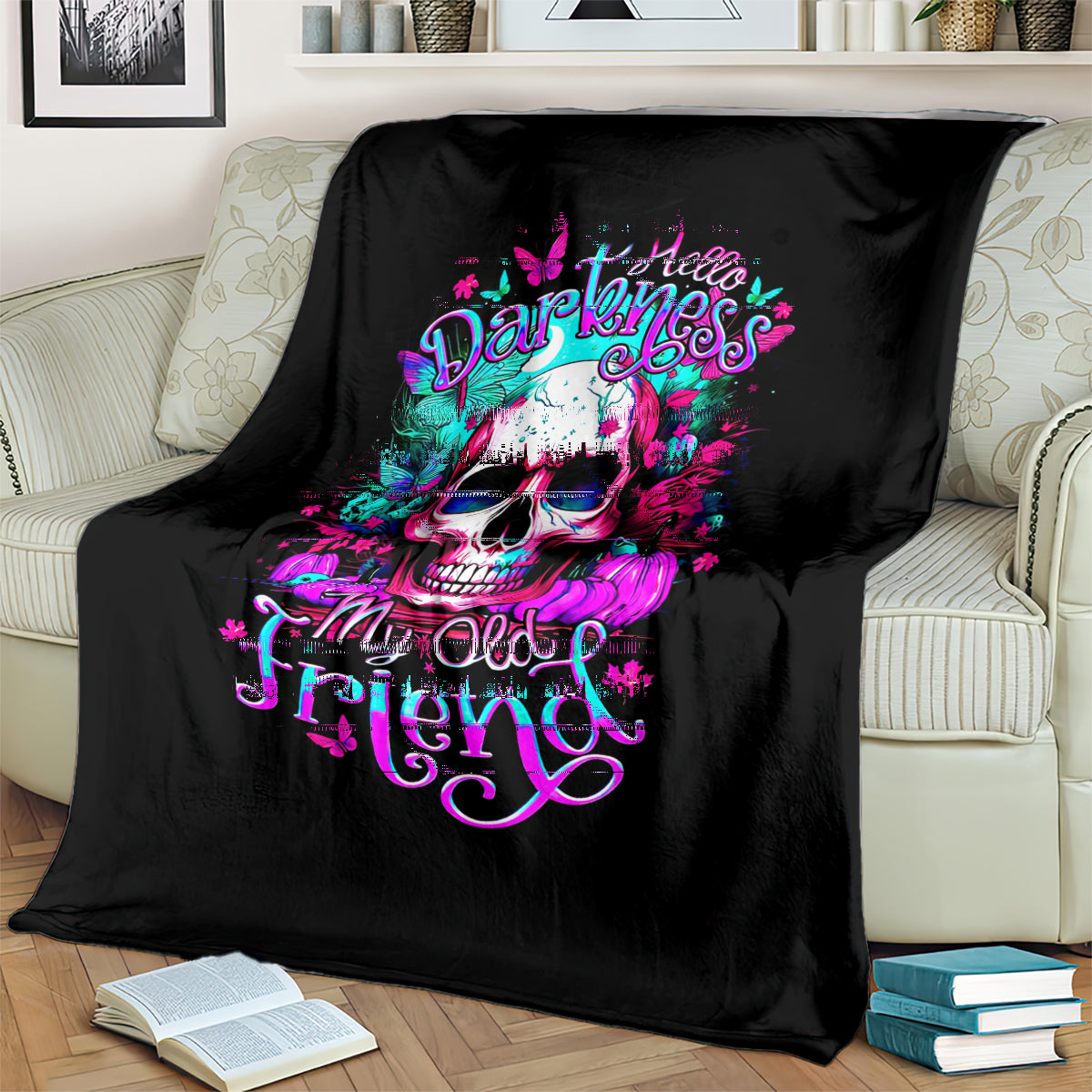 Black skull themed throw blanket with vivid “Hello Darkness My Old Friend” lettering
