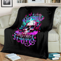 Black skull themed throw blanket with vivid “Hello Darkness My Old Friend” lettering
