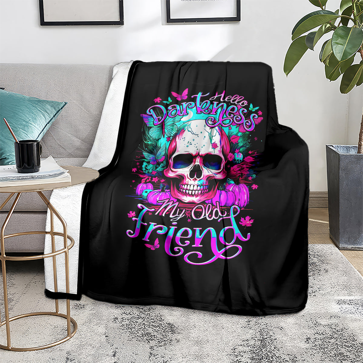 Black skull print blanket with colorful “Hello Darkness My Old Friend” text, home decor