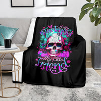 Black skull print blanket with colorful “Hello Darkness My Old Friend” text, home decor