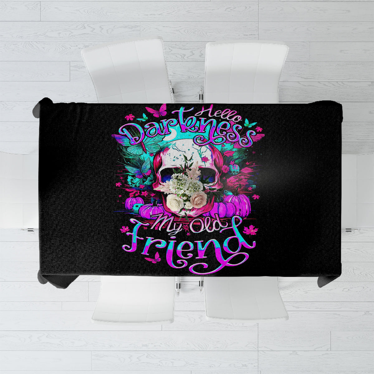 Black tablecloth with neon skull and purple text graphic