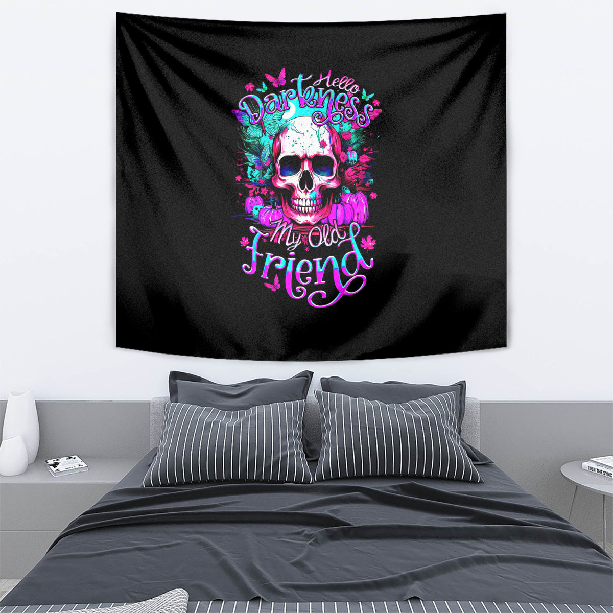 Black skull wall tapestry with colorful neon skull and lettering graphic