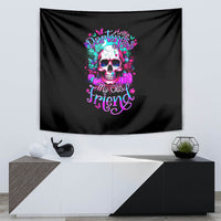 Black skull wall tapestry with bright neon skull graphic and stylized text