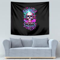 Black skull tapestry with colorful neon skull and flowing lettering design