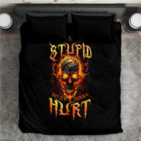 Black bedding set with fiery flame skull graphic and matching pillowcases