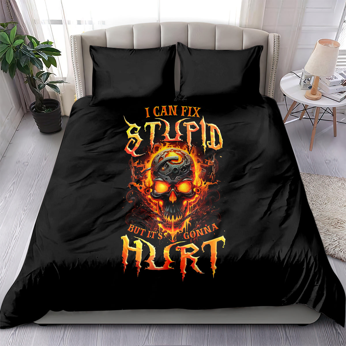 Black duvet set with flame skull artwork and two square pillowcases