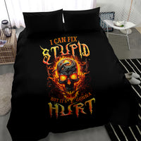 Black bedding set featuring central flame skull print and two pillow shams
