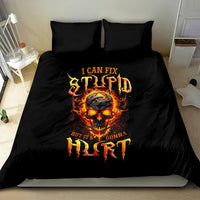 Black bedding set with fiery skull logo on duvet and two matching pillowcases
