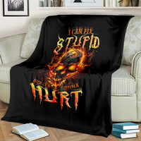 Black throw blanket featuring flame skull artwork and bold distressed text.
