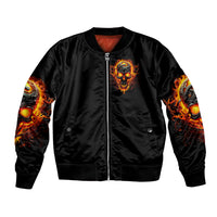 Black satin bomber jacket with front zipper, flame skull patch and flame sleeve graphics