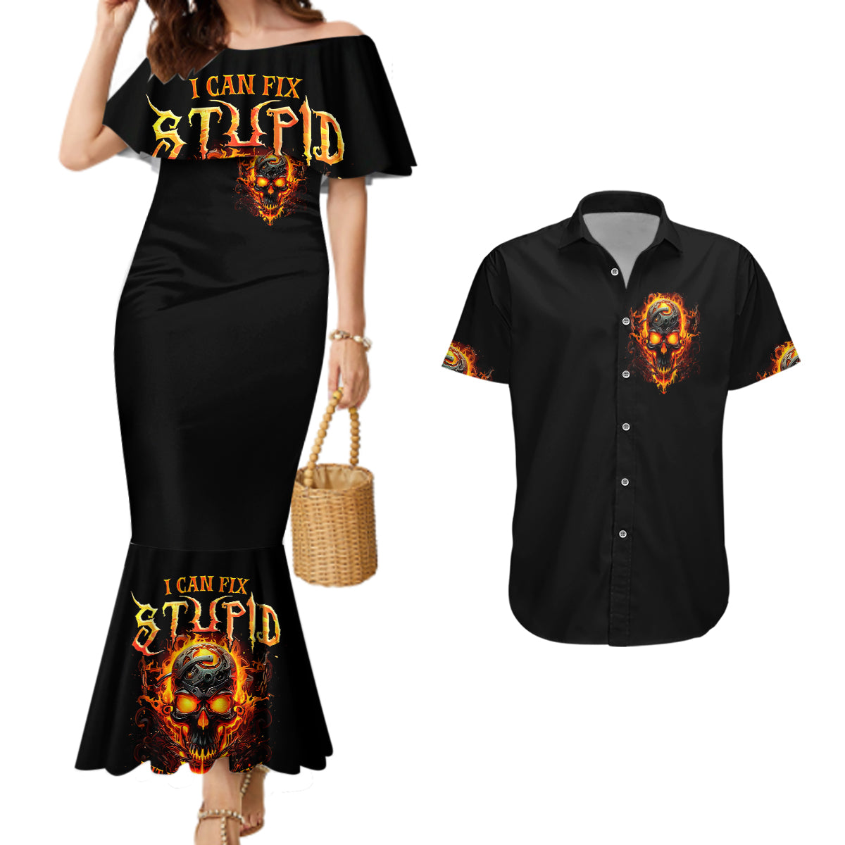 Flame Skull Couples Matching Mermaid Dress and Hawaiian Shirt I Can Fix Stupid But That Hurt - Wonder Print Shop