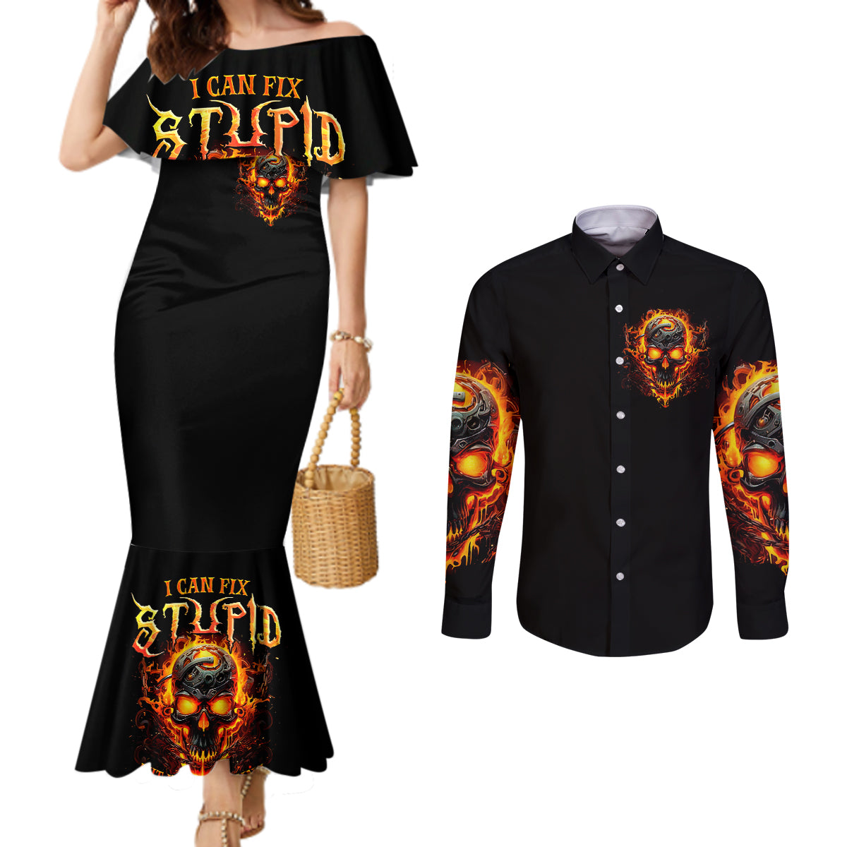 flame-skull-couples-matching-mermaid-dress-and-long-sleeve-button-shirts-i-can-fix-stupid-but-that-hurt