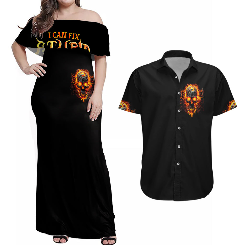 Flame Skull Couples Matching Off Shoulder Maxi Dress and Hawaiian Shirt I Can Fix Stupid But That Hurt - Wonder Print Shop