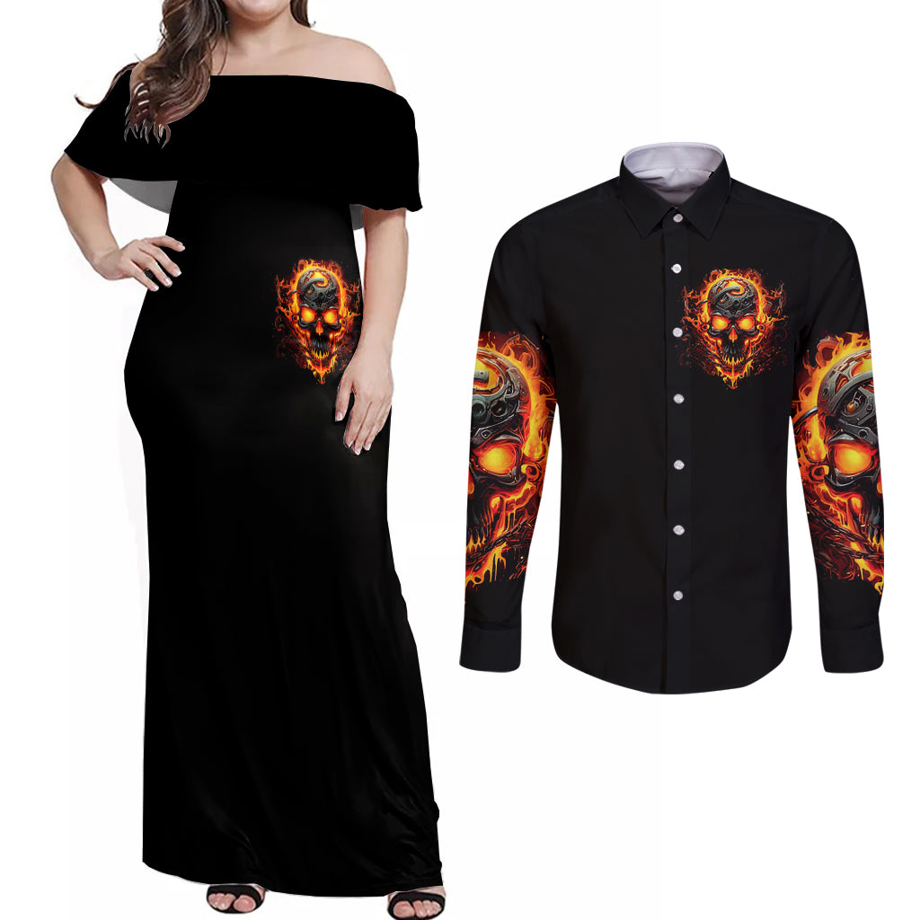 Flame Skull Couples Matching Off Shoulder Maxi Dress and Long Sleeve Button Shirts I Can Fix Stupid But That Hurt - Wonder Print Shop