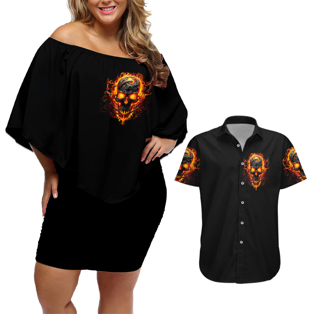 Flame Skull Couples Matching Off Shoulder Short Dress and Hawaiian Shirt I Can Fix Stupid But That Hurt - Wonder Print Shop