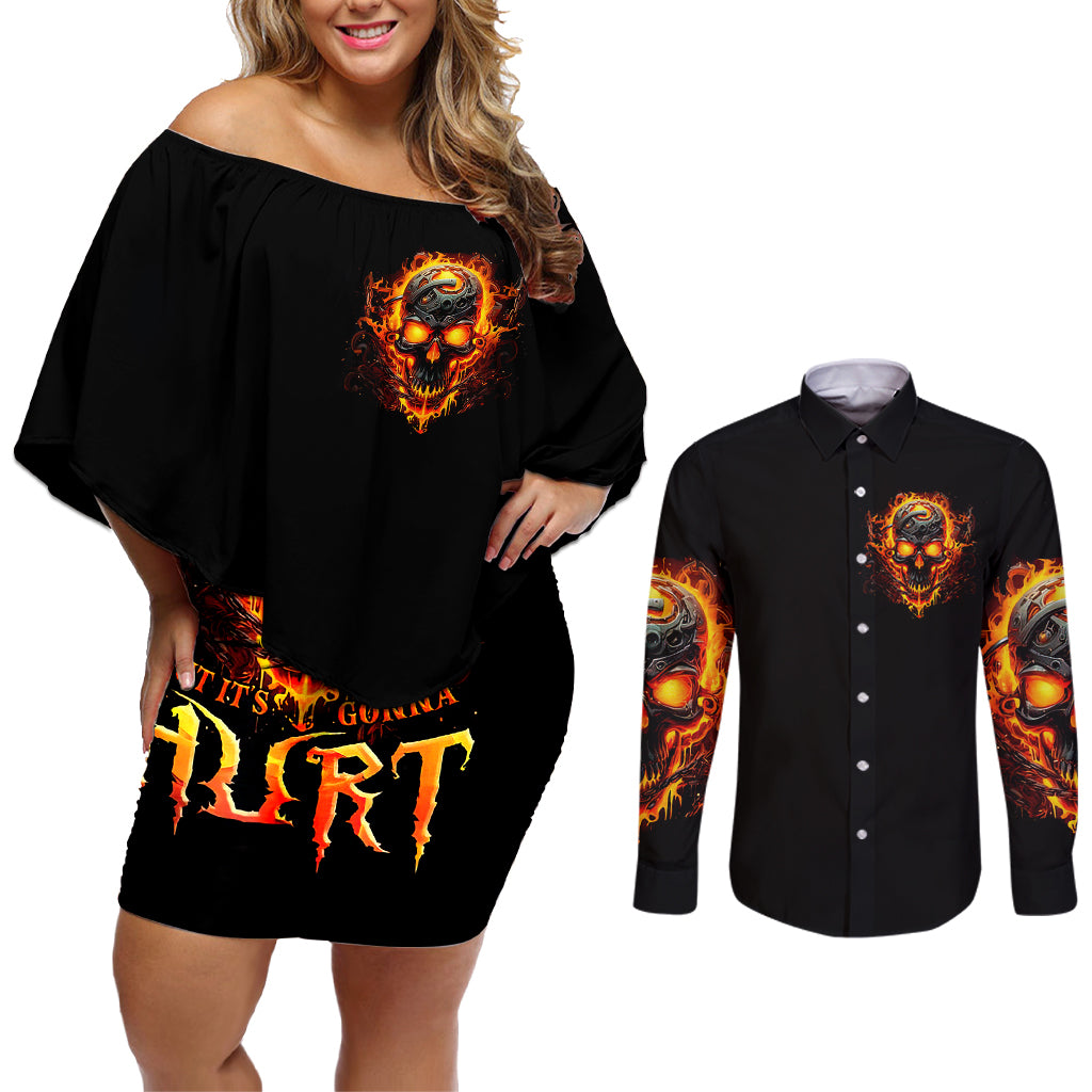 Flame Skull Couples Matching Off Shoulder Short Dress and Long Sleeve Button Shirts I Can Fix Stupid But That Hurt - Wonder Print Shop