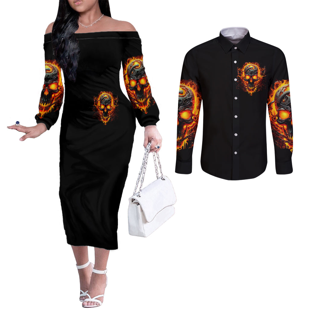 flame-skull-couples-matching-off-the-shoulder-long-sleeve-dress-and-long-sleeve-button-shirts-i-can-fix-stupid-but-that-hurt