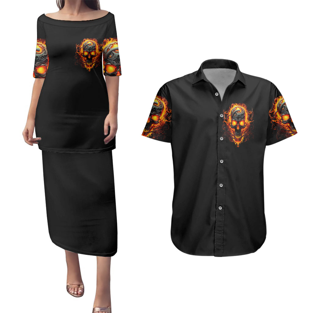 Flame Skull Couples Matching Puletasi Dress and Hawaiian Shirt I Can Fix Stupid But That Hurt - Wonder Print Shop