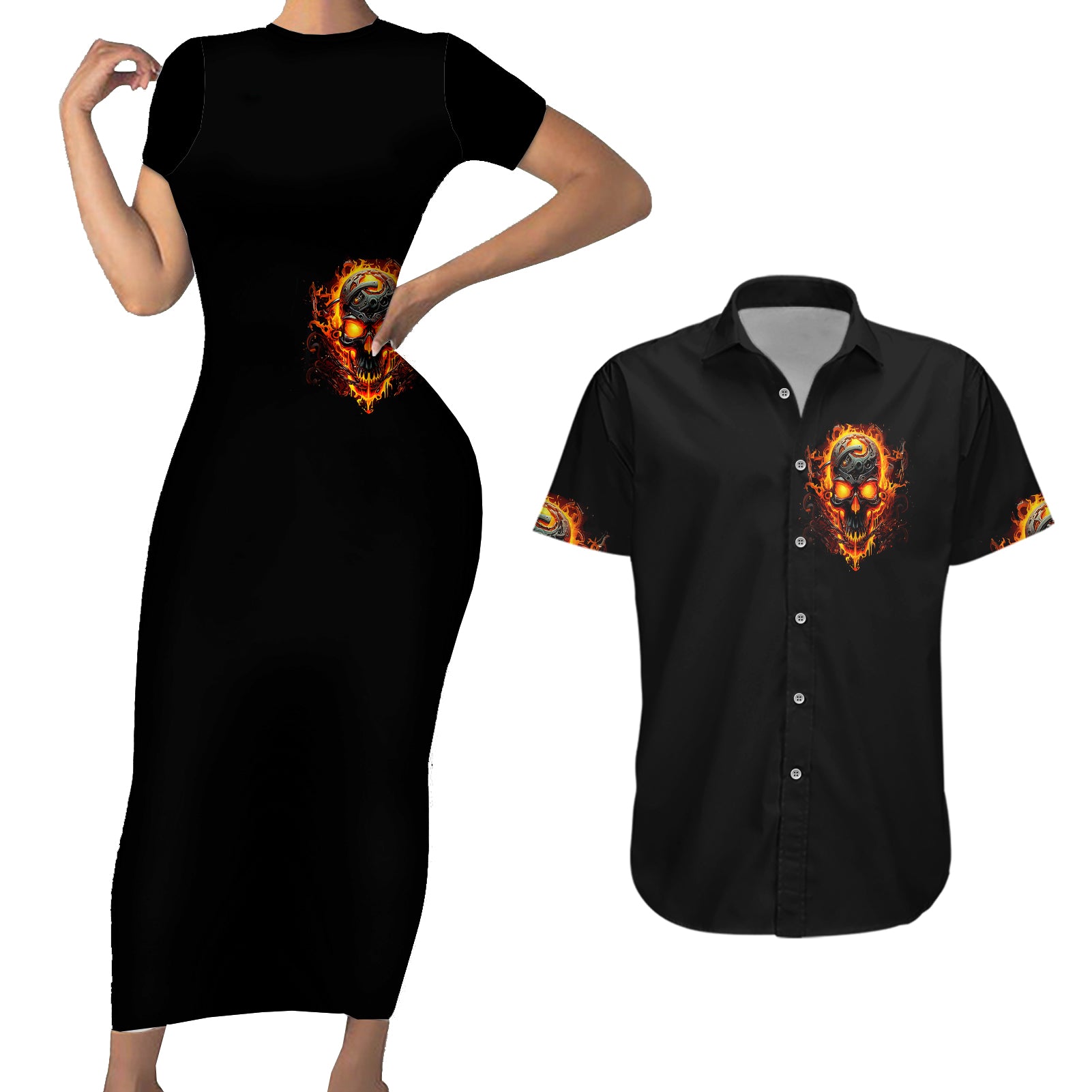 Flame Skull Couples Matching Short Sleeve Bodycon Dress and Hawaiian Shirt I Can Fix Stupid But That Hurt - Wonder Print Shop